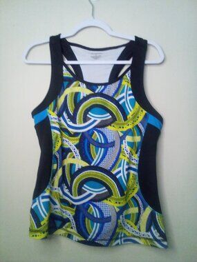 Be Inspired Tank Top Women L Racer Back Shelf Bra Pattern Black Green